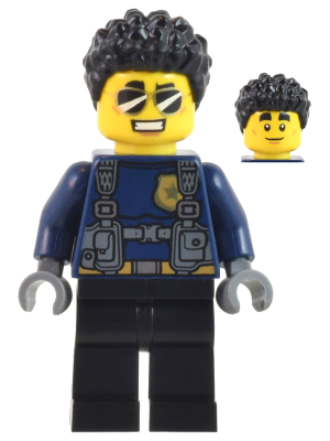 Minifig cty1042 - Police Officer - Male, Dark Blue Shirt with Harness, Black Legs, Black Coiled Hair, Sunglasses (Duke DeTain) - De BrickPlaats