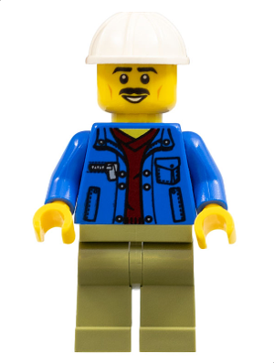 Minifig cty1050 - Truck Driver - Blue Jacket over Dark Red V-Neck Sweater, Olive Green Legs, White Construction Helmet - De BrickPlaats