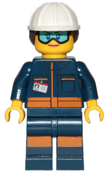 Minifig cty1060 - Ground Crew Technician - Female, Dark Blue Jumpsuit, White Construction Helmet with Dark Brown Ponytail Hair, Light Blue Goggles - De BrickPlaats