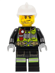 Minifig cty1255 - Fire - Reflective Stripes with Utility Belt and Flashlight, White Fire Helmet, Beard Stubble, Brown Eyebrows - De BrickPlaats