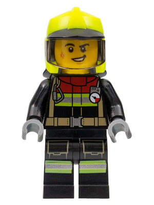 Minifig cty1370 - Fire - Male, Black Jacket and Legs with Reflective Stripes and Red Collar, Neon Yellow Fire Helmet, Trans-Brown Visor - De BrickPlaats