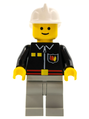 Minifig firec021 - Fire - Flame Badge and 2 Buttons, Light Bluish Gray Legs, White Fire Helmet - De BrickPlaats