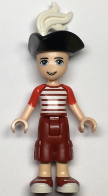 Minifig frnd0336 - Friends Zack - Dark Red Cropped Trousers Large Pockets, Red and White Striped Shirt, Pirate Tricorne Hat, White Plume - De BrickPlaats