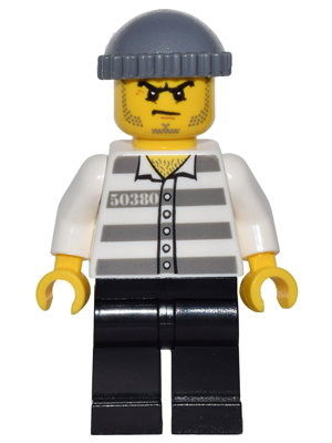 Minifig game009 - Police - Jail Prisoner 50380 Prison Stripes, Black Legs, Dark Bluish Gray Knit Cap, Beard Stubble and Scowl - De BrickPlaats