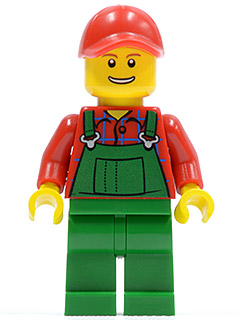 Minifig hol028 - Overalls Farmer Green, Red Cap with Hole, Open Grin - De BrickPlaats