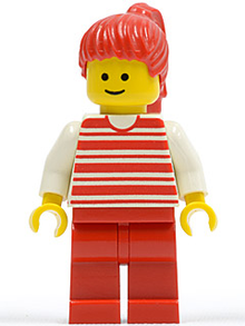 Minifig hor024 - Horizontal Lines Red - White Arms - Red Legs, Red Ponytail Hair - De BrickPlaats