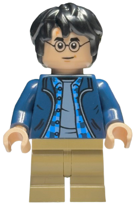Minifig hp544 - Harry Potter - Dark Blue Open Jacket over Plaid Shirt with Collar and Sand Blue Shirt, Dark Tan Medium Legs - De BrickPlaats