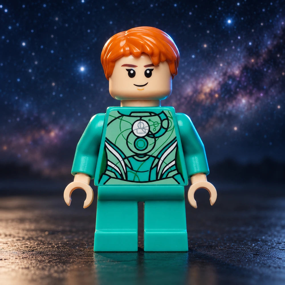 LEGO® Marvel-minifiguur Sprite sh0769 met rood-oranje haar en turquoise pak tegen een sterrenhemel