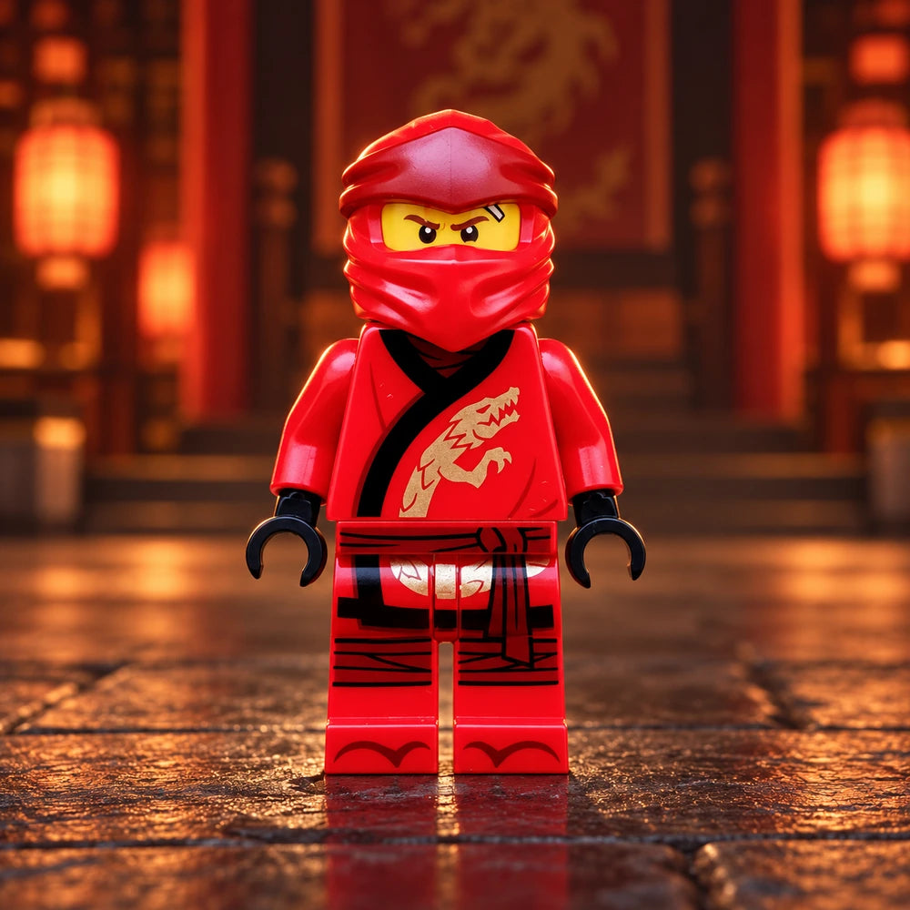 LEGO® NINJAGO Kai Legacy njo0492 in rode ninjakap en tuniek met gouden draak bij een vuurgloed