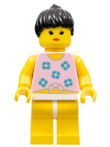 Minifig par004 - Blue Flowers - Yellow Legs, Black Ponytail Hair - De BrickPlaats