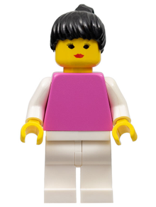 Minifig par041 - Plain Dark Pink Torso with White Arms, White Legs, Black Ponytail Hair - De BrickPlaats