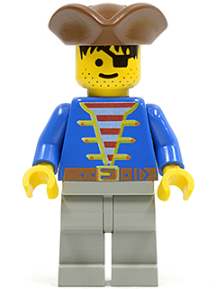 Minifig pi008 - Pirate Blue Jacket, Light Gray Legs, Brown Pirate Triangle Hat - De BrickPlaats