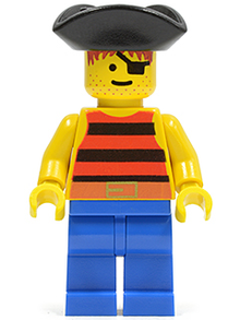 Minifig pi026 - Pirate Red / Black Stripes Shirt, Blue Legs, Black Pirate Triangle Hat - De BrickPlaats