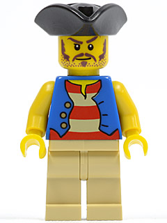 Minifig pi082 - Pirate Blue Vest, Tan Legs, Black Pirate Triangle Hat, Long Brown Moustache - De BrickPlaats