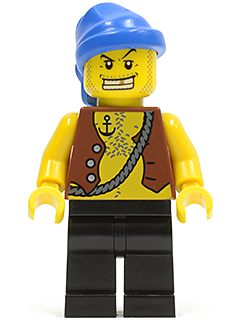 Minifig pi084 - Pirate Vest and Anchor Tattoo, Black Legs, Blue Bandana, Gold Tooth - De BrickPlaats