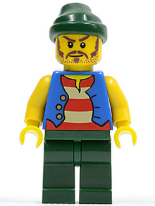Minifig pi099 - Pirate Blue Vest, Dark Green Legs, Dark Green Bandana, Long Brown Moustache - De BrickPlaats
