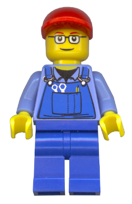 Minifig trn227a - Overalls with Tools in Pocket, Blue Legs, Red Short Bill Cap, Glasses with Red Thin Eyebrows - De BrickPlaats