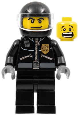 Minifig twn182 - Police - City Leather Jacket with Gold Badge, Black Helmet, Trans-Clear Visor - De BrickPlaats