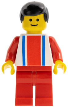 Minifig ver014 - Vertical Lines Red & Blue - Red Arms - Red Legs, Black Male Hair - De BrickPlaats